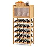 COSTWAY Weinregal aus Bambus, Flaschenregal für 20 Flaschen, Weinschrank mit Glas-Aufhänger & Magnettür, Weinständer Flaschenständer, für Bars & Speisekammern & Küchen