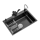 Waschbecken Schwarzer Nano-Wassertank 304 Edelstahl Haushalt Handgefertigtes Gemüsewaschbecken Küchenspüle über und unter der Theke, diagonale Fließgeschwindigkeitsentwässerung C, 45 * 40 cm