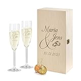 Premium Holzbox und 2 Leonardo Sektgläser mit Gravur Liebe Hochzeit Geschenkidee Sektglas-Set graviert