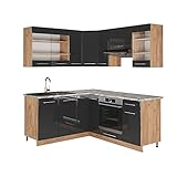 Vicco Eckküche Küchenzeile Einbauküche Fame-Line 190 cm modern Schubunterschrank Spülenunterschrank Eckunterschrank Herdumbauschrank Hängeglasschrank Hängeschrank (Eiche-Anthrazit Hochglanz)