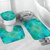 Badteppich 3 Stück Weiche saugfähige Badematten,Aquarell Himmel Bunt Blau Bewölkt Marmor Türkis Wolken Bunt Aquarell Dezente Far,Rutschfeste Badematte Teppiche & Toilettendeckelabdeckung Set Waschbar