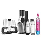 SodaStream Wassersprudler DUO Comfort-Set mit CO2-Zylinder, 2X 1L Glasflasche, 2X 1L spülmaschinenfeste Kunststoff-Flasche und sytlischem Flaschenhalter, Höhe: 44cm, Farbe: Titan