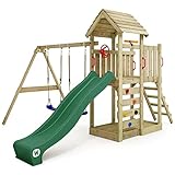 WICKEY Spielturm Klettergerüst MultiFlyer mit Holzdach, Schaukel & grüner Rutsche, Outdoor Kinder Kletterturm mit Sandkasten, Leiter & Spiel-Zubehör für den Garten