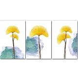 WoLWEs Kunstbild 3-Teilig Abstrakte Goldene Ginkgo-Blätter Graffiti-Gemälde Wandkunst Leinwand Poster und Drucke für Wohnzimmer Schlafzimmer Flur Dekoration-60 * 90Cm/24 * 35 Zoll (Kein Rahmen)