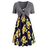 YONGYA Sommerkleid Damen Sonnenblumen-Druck Knielang Kleider Kurzärmliges Minikleid mit Schleifenknoten und Bandage Vintage Kleid Freizeitkleider Sommerkleid MäDchen Kleiderschrank Stoff Weiß Begehbar