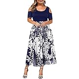 VEMOW Plus Size Elegante Damen Frauen Casual Kurzarm Kalt Schulter Boho Blumendruck Casual Täglichen Party Strand Langes Kleid Schulterfrei Strandkleid