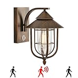 Pageone Schwarz Gold Außen Wandleuchte mit Bewegungsmelder, Vintage Gärten Glas Wandlampe E27, IP54 Wasserdicht Aussenlampe für Innen Flur Terrassen Treppe Garage Veranda