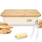 HEVOL Brotkästen mit Bambus Deckel, Großer Brotbehälter with Butterdose, Lange Brot Brotaufbewahrungsbox für Noch Länger Frisches Brot, 38cm*22cm*12cm, Senden 1 Brotklammer