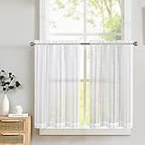 TOPICK Scheibengardinen Weiß mit Spitze Transparente Gardine Lace Bistrogardine Küche Kettenwirken Stores Halbtransparent Lichtdurchlässig Vorhänge Wohnzimmer für Klein Fenster 2er Set 63x90 cm