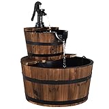 GOPLUS Holzfass-Brunnen mit Hochleistungspumpe, Springbrunnen aus Tannenholz, Wasserspiel im Freien für Garten, Terrasse,Rasen, Geschlossener Wasserkreislauf, 44,5 x 44,5 x 61cm (L x B x H)