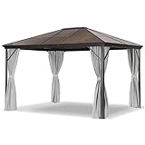 Leco XL Alu Garten Profi Pavillon 3x3,65cm Set inkl. Sonnenschutzsegel und verschließbaren Seitenteilen grau Gartenpavillon wasserdichtes Hardtop-Dach Polycarbonat Doppelstegplatten festes Dach