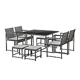 Juskys Polyrattan Sitzgruppe Bahamas L - Tisch, 4 Stühle, 4 Hocker & Kissen - inkl. Plane - Essgruppe für 8 Personen - Industrial Gartenmöbel Set Grau