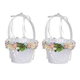 BELUAPI Blumenmädchenkörbe, Hochzeits-Blumenkorb, Tüllknoten und Perlen auf dem Korb, Spitzen-Serie, Brautschmuck, Blütenblätter, Korb, Dekoration, Hochzeit, Jahrestag, Feiern, Party-Dekoration, 2