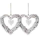 Splend 2 Stück Weidenkranz, Herz Korbweide Kranz Dekor, Herz Kranz Hängen, Handgemachter Rattan-Herz-Form-fertigkeit Für Photo Wall Display Decor DIY Dekoration Hängen Wand-Dekor-Rahmen-Grau-Weiß