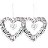 2 Stück Weidenkranz, Herz Korbweide Kranz Dekor, Herz Kranz Hängen, Handgemachter Rattan-Herz-Form-fertigkeit Für Photo Wall Display Decor DIY Dekoration Hängen Wand-Dekor-Rahmen-Grau-Weiß