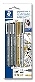 STAEDTLER pigment liner und metallic Marker im Set, hohe Qualität, Set mit 3 Finelinern schwarz und 2 Metalic Markern gold und silber, 308 SBK3P3