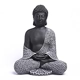 Tiefes Kunsthandwerk Buddha Figur aus Stein sitzend - Schwarz, Statue frostsicher und wetterbeständig für Garten und Balkon, handgefertigt in Deutschland