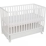 ATB MEBLE Babybett mit Schublade und Matratze - LUX - Beistellbett Baby - Gitterbett mit Rädern - DREI Ebenen der Matratzenhöhe - Bett Baby Mitwachsend - Kinderbett umbaubar - 120 x 60 cm - Weiß