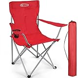ACTIVE FOREVER Campingstuhl Faltbar, Klappstuhl Leichter Tragbarer Stuhl mit Getränkehalter und Armlehnen, bis 100kg Belastbar, Angelstuhl für Camping, Strand, Garten, Grillen, Angeln - Rot