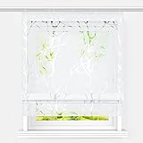 Heichkell Raffrollo mit Klettband Voile Raffgardine Ausbrenner Design Fenster Vorhang Transparent Rollos ohne Bohren Luftiger Gardinenschal Zweige Ausbrenner Weiß BxH 140x140cm