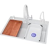 Weiße Nano-Küchenspüle, multifunktionales großes Einzelwaschbecken, mit ausziehbarem Wasserhahn, Schneidebrett, Seifenspender, für Gewerbe und Heimwerker