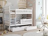 Kinderbett/Etagenbett IGNAS mit Matratze, 2X Schlafplatz, Lattenrost, 2X Schublade und Grid - Material: Massivholz FSC 100% - Farbe: Natur/Weiß/Grau/Graphit (Grau + Matratze, 90 x 190 cm)