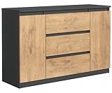 3xEliving Kommode Demi, Sideboard mit 2 Tür, 3 Schubladen Anthrazit & Lancelot Eiche,B: 120cm H:79cm T:39cm Verschiedene Großen, Schrank für Wohnzimmer, Schlafzimmer, Flur, Büro