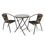 Nexos Bistroset Balkonset Rattanset – Sitzgarnitur aus Glastisch & Bistrostuhl – Stahlgestell Polyrattan Glasplatte – robust stapelbar – Dunkelbraun schwarz