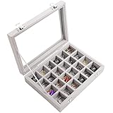 Kurtzy Jewelry Organizer Ring Aufbewahrung Schmuckkasten Grau (24 Fächer) Samt Box mit Glas Deckel 20,2 x 15,1 x 4,6cm - Schmuck Aufbewahrung Schmuckschatulle für Ringe, Ohrringe, Armband Aufbewahrung