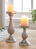 Kerzenhalter „Eleganz“, 2er Set, aus Holz in Silber im Antik-Design, Retro Kerzenständer, Vintage Kerzenleuchter, Tischkerzenhalter antik