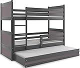 Interbeds Etagenbett Hochbett RICO 3 (für DREI Kinder) 200x90cm Farbe: Grau + 2. Farbe zur Wahl; mit Lattenroste und Matratzen (GRAU)