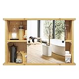 EUGAD Spiegelschrank für Bad, Badezimmerschrank mit Spiegeln, hängender Badschrank mit Schiebetüren, Hängeschrank für Badezimmer, mit Verstellbarer Ablage, aus Bambus, 55x35,5x14 cm