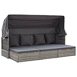 JUNZAI Gartenbett mit Dach, Liegen, Sonnenliege, Liegeinsel Outdoor, Outdoor Bett, Doppelliege, Gartenliege, Daybed Outdoor, Grautöne Poly-Rattan