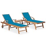 ZQQLVOO Sonnenliegen 2 STK. mit Tisch und Auflagen Massivholz Teak Freizeitliege Liege Garten Garten Möbel Outdoor Gartenliege Geeignet für Garten, Terrasse, Hinterhof, Poolside