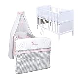 Baby Delux Babybett Komplett Set Kinderbett umbaubar zum Juniorbett weiß 120x60 Max Bettset Stickerei Matratze Princess Grey Stars