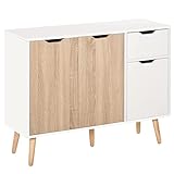 HOMCOM Sideboard mit Schrank und Schubladen Kommode Nachttisch Beistellschrank im skandinavischen Design viel Stauraum MDF Spanplatte Weiß+Natur 90 x 30 x 72 cm