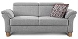 Cavadore 3-Sitzer Sofa Ammerland / Couch mit Federkern im Landhausstil / Inkl. verstellbaren Kopfstützen / 186 x 84 x 93 / Strukturstoff hellgrau