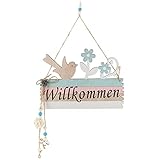 com-four® Türschild Willkommen - Deko-Schild Frühling aus Holz mit Kordel zum Aufhängen - Oster-Deko Schild für die Haustür (01 Stück - Vogel und Blume)