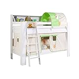 Relita Etagenbett Jan mit Bücherregal, Vorhang und Tunnel Buche massiv, weiß lackiert, Stoff natur/grün