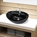 Homgoday Luxus-Keramikbecken Waschtisch Waschschale Oval mit Überlauf und Wasserhahnloch Handwaschbecken Aufsatzwaschbecken für Badezimmer und Gäste-WC Schwarz