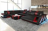 Sofa Apollonia XXL U Form Wohnlandschaft Leder Couch mit LED Ledersofa mit Ottomane und Kopfstützen (Ottomane rechts, Schwarz-Rot)