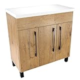 paplinskimoebel Badschrank in Eichenoptik mit Arbeitsplatte für aufgesetztes Waschbecken, Griffe und Füße schwarz, Arbeitsplatte glänzend lackiert (Eiche Lancelot+ weiß)