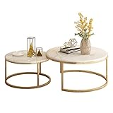 couchtisch marmor rund, satztisch metall 2er set Runder Kaffeetisch Schreibtisch, Eleganter 2-teiliger Teetisch, Stapelbarer Satztisch, Marmorplatte, Metall, Goldbasis, für Wohnzimmer mit hochwertig