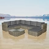 Gecheer 8-TLG. Garten-Lounge-Set mit Auflagen, Gartenmöbel Gartensofa Sitzgruppe Gartenset Mittelsofa Ecksofa Beistelltisch Fußstütze Poly Rattan Grau