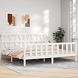 Tidyard Massivholzbett mit Kopfteil Seniorenbett Jugendbett Bettgestell mit Lattenrost Bettrahmen Holzbett Doppelbett/Einzelbett Holzbetten Gästebett Ehebett Bett für Senioren Weiß 6FT Super King Size