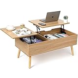 VOWNER Couchtisch, Couchtisch Höhenverstellbar, Auszug, Versenkbarer Wohnzimmertisch, Separates Verstecktes Ablagefach, Doppelte Hubplatte, Sofatisch Beistelltisch, Holzfarbe