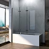 Boromal Duschwand für badewanne, 120x140cm 3-teilig Faltwand für Badewanne, Glas Duschwand Badewannenaufsatz Duschtrennwand Duschabtrennung mit 6mm Nano Glas, Matt Schwarz