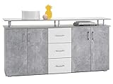 möbelando Highboard Kommode Standschrank Sideboard Anrichte Beistellschrank Lyndy I Beton/Schubkästen Weiß