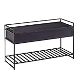 FineBuy Sitzbank mit Stauraum 90x52x38 cm Mango Massivholz/Metall Flurbank Schwarz | Schuhbank mit Sitzfläche Klein | Schmale Garderobenbank mit Schuhregal