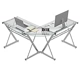 DlandHome 2 in 1 Eckschreibtisch Gaming / 2 kleine Computertischen aus Gehärtetem Glas Gaming Schreibtisch L Form Studie Ecktisch mit Tastaturablage Workstations Bürotisches PC tisches Transparentes